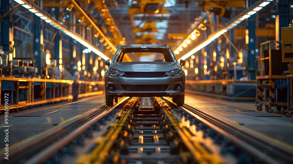 A silver vehicle is advancing on a track within a factory, surrounded by machines in an illuminated industrial setting