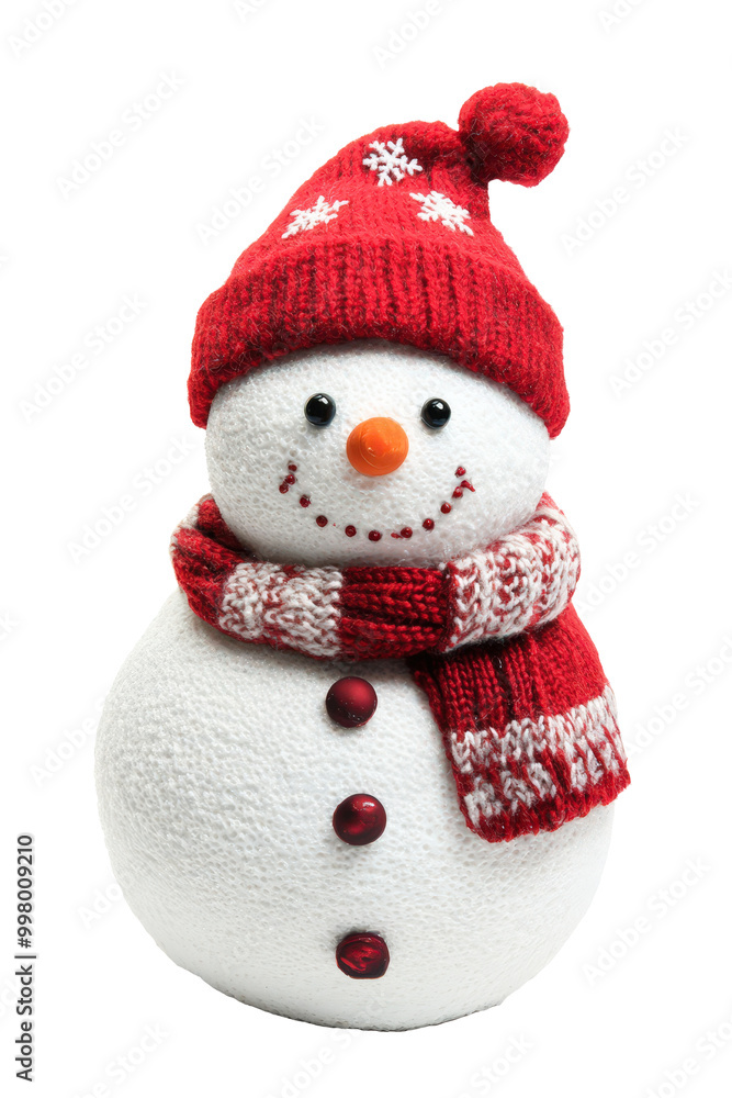 Smiling snowman with red knitted hat and scarf, winter holiday decor Smiling snowman with red knitted hat and scarf, winter holiday decor