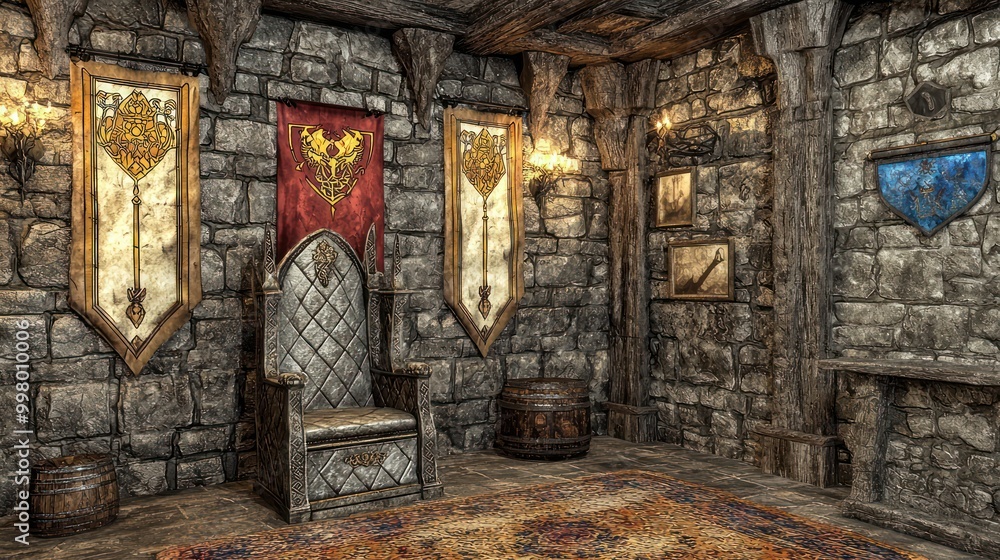 Home office with a fantasy castle theme, featuring stone wall decals ...