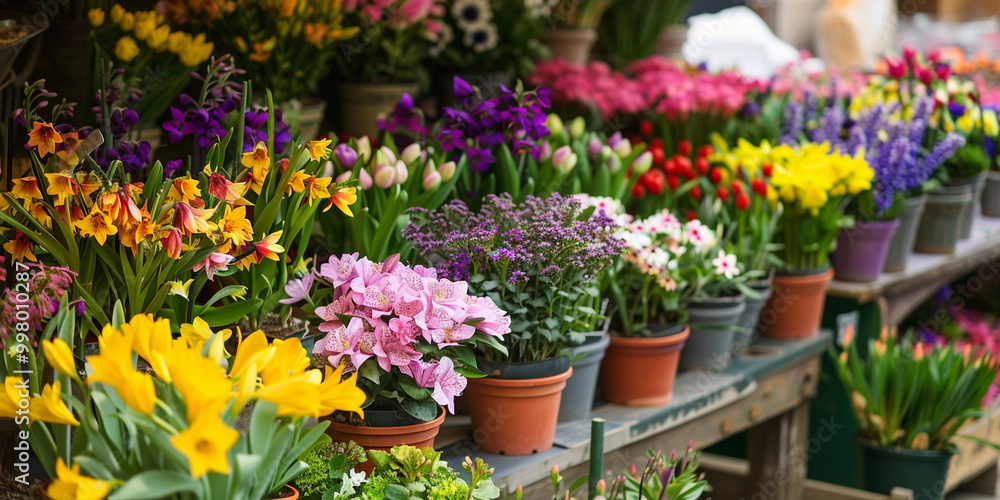 A vibrant farmer's market with fresh cut flowers and bouquets A vibrant farmer's market with fresh cut flowers and bouquets