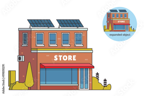 Vector illustration of local store building with solar panel and editable outline