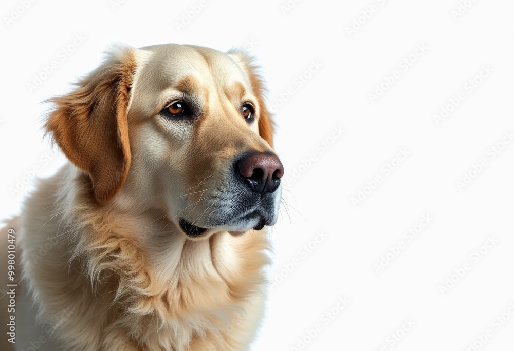 Close-up portrait of a golden retriever dog with soft fur and attentive expression Close-up portrait of a golden retriever dog with soft fur and attentive expression