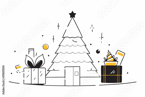 Festive Holiday Season Doodle with Christmas Tree and Gifts