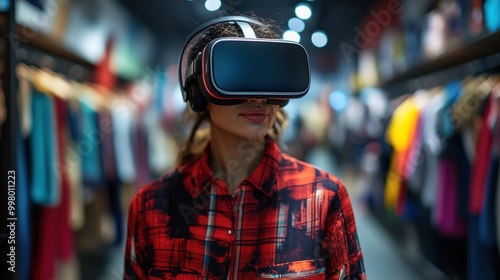 Woman Wearing Virtual Reality Headset in Clothing Store