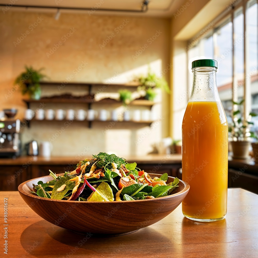 Fresh Greenleaf Salad and Orange Juice in a Minimalist Cafe – Healthy Product Placement Photo