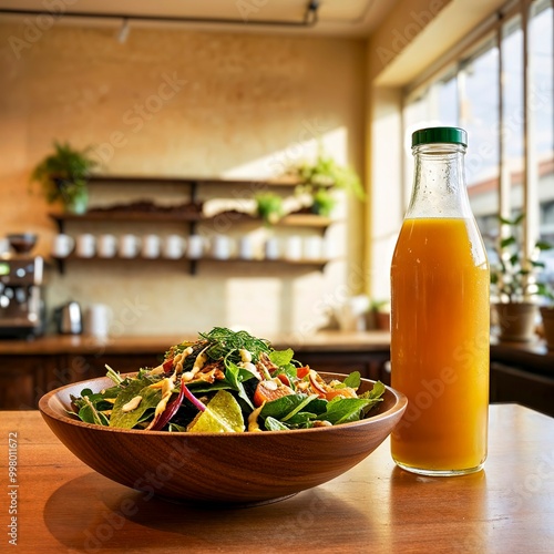 Obraz na płótnie Fresh Greenleaf Salad and Orange Juice in a Minimalist Cafe – Healthy Product Placement Photo w salonie
