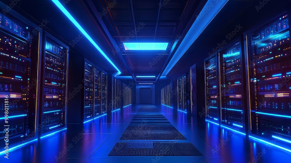 Modern data center with illuminated server racks, showcasing advanced technology and infrastructure for digital data storage and management. data migration. Ultra realistic. Photorealistic Modern data center with illuminated server racks, showcasing advanced technology and infrastructure for digital data storage and management. data migration. Ultra realistic. Photorealistic