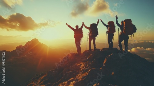 Group of Hikers Celebrate Mountain Summit at Sunset