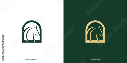 Horse Door Logo. Head Horse and Door with Minimalist Style. Horse Logo, Icon, Symbol, Vector, Design Inspiration.