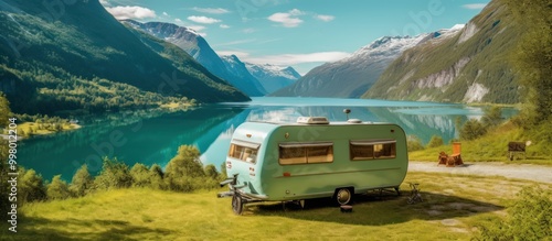 Vintage Camper Van Parked By a Scenic Lake