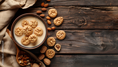 Bowl of delicious nut shaped cookies with boiled condensed milk on wooden table. Space for text