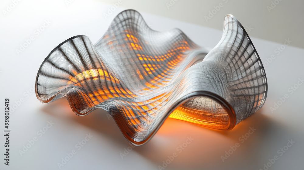 futuristic design featuring wavy, translucent fabric illuminated from within, showcasing intricate patterns and warm glow. This innovative piece blends art and technology beautifully futuristic design featuring wavy, translucent fabric illuminated from within, showcasing intricate patterns and warm glow. This innovative piece blends art and technology beautifully
