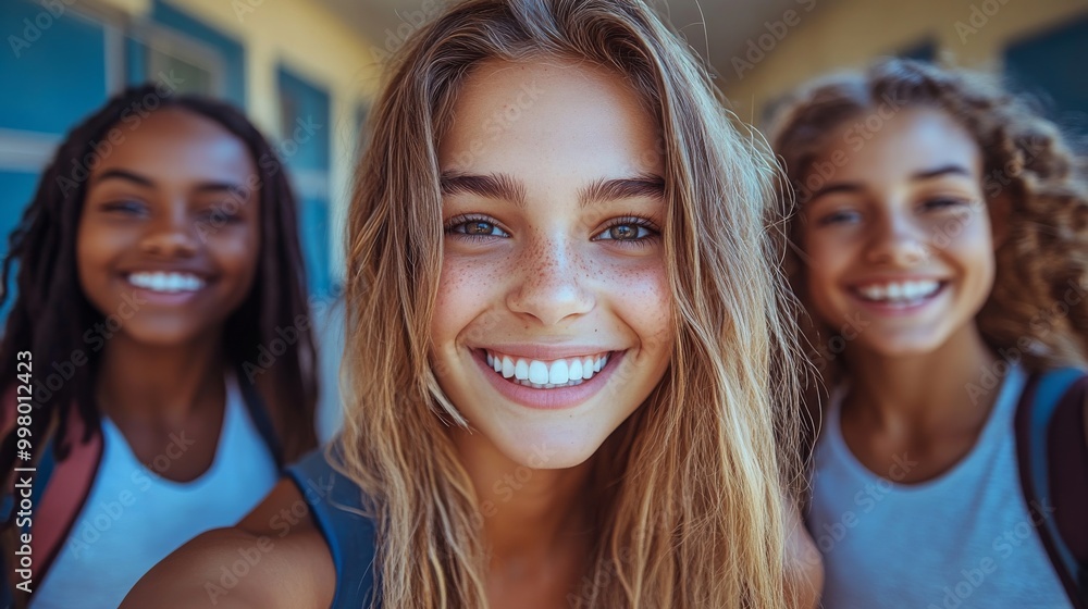 Friends Smiling Together Taking a Selfie in Front of School Building on a Sunny Day Friends Smiling Together Taking a Selfie in Front of School Building on a Sunny Day