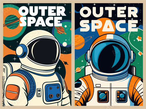 Astronaut in space retro Posters, backgrounds, covers vector set. Space and the universe concept. Cosmonaut in spacesuit vintage style illustration.