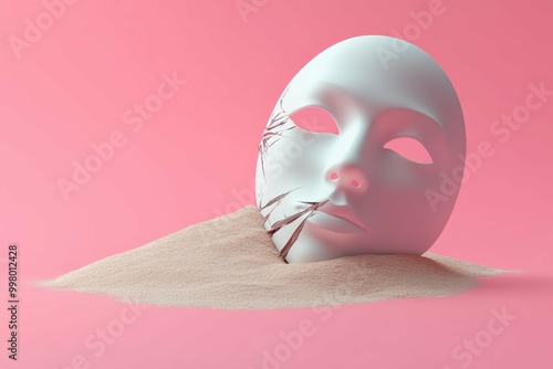 Pink Sand Art. Surreal cracked white mask partially buried in soft sand on pink background, concept of mystery, identity, art, decoration, creative visual for design, theater, Halloween, modern aesth