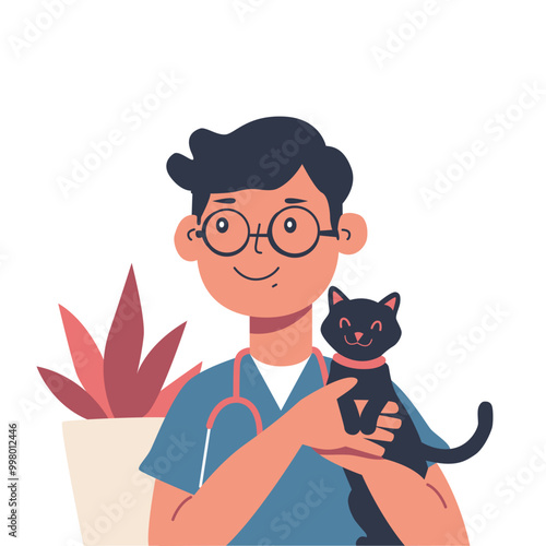  flat vector illustration of a Pet veterinary clinic. Veterinary doctor with cute cat isolated on white background. animal health care concept