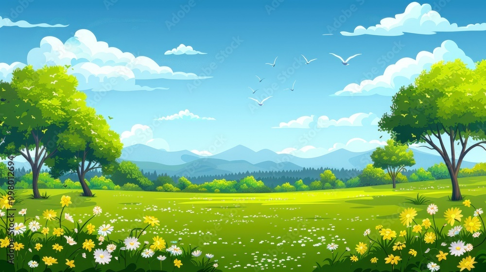 Fototapeta premium Peaceful Green Meadow Landscape with Blooming Flowers and Birds Flying High
