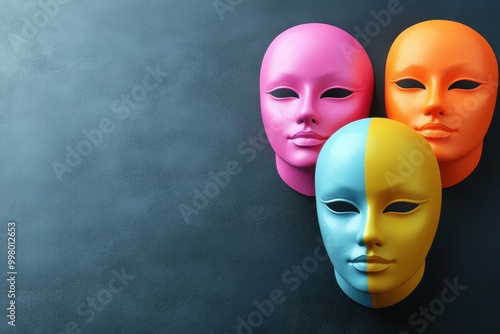 Bright Mask Design. Colorful theatrical masks close-up on dark textured background for drama, acting, performance, theater, carnival, masquerade party, art, creativity, mystery, celebration, costume