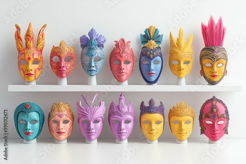 A set of various anonymous masks arranged artfully on a simple white surface with varying colors and designs. photo