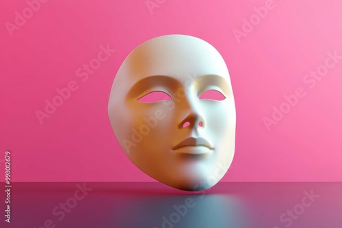 White theatrical mask floating, abstract concept for drama, mystery, Halloween decoration, surreal art with pink gradient background, perfect for art projects, theater posters, or creative presentati