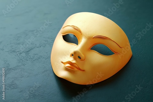 Blue Velvet Curtain. Golden theatrical mask close-up lying on textured blue surface, artistic concept for drama, performance, costume party, mysterious ambiance, cultural event decoration, elegant ba