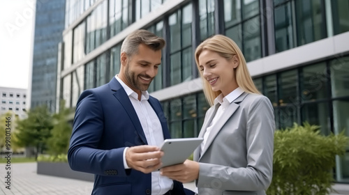 A business person and a woman are using an iPad in front of a modern office building, smiling while looking at the tablet screen.