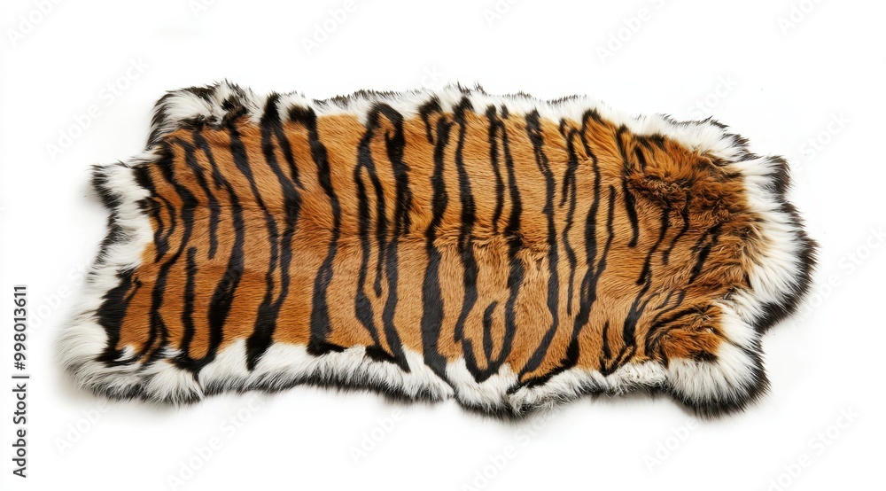 A rectangular tiger skin rug with black and white stripes on the edge, laid flat against an all-white background. The fur is thickly textured and has natural patterns of brown and orange. A rectangular tiger skin rug with black and white stripes on the edge, laid flat against an all-white background. The fur is thickly textured and has natural patterns of brown and orange.