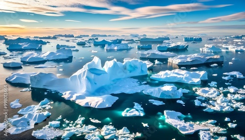 Aerial View of Icebergs in Ilulissat Icefjord, Greenland Highlighting Climate Change and Melting Glaciers in Arctic Nature Landscape photo