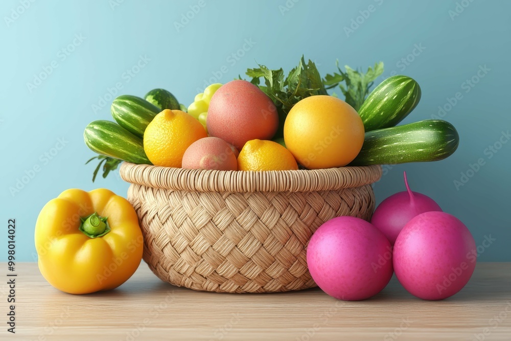 A handwoven basket filled with organic fruits and vegetables from various cultures placed on a natural wood surface. A handwoven basket filled with organic fruits and vegetables from various cultures placed on a natural wood surface.