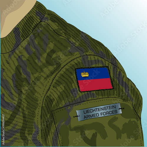 Flag of Liechtenstein on soldier arm. National Police of the Principality of Liechtenstein.
