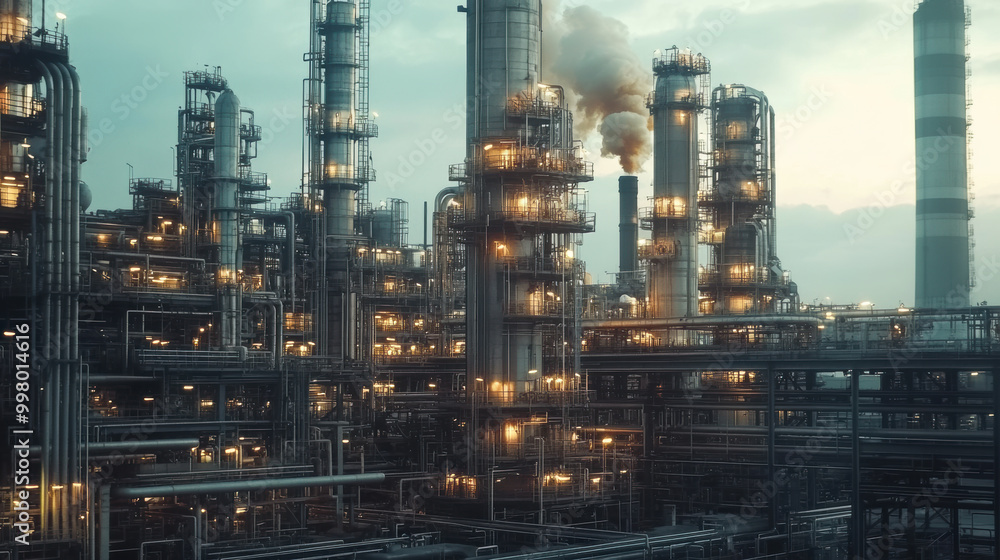 Fototapeta premium image showcases large petrochemical production plant with intricate refining equipment, illuminated against twilight sky, creating dramatic industrial scene