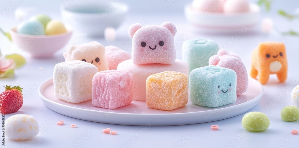 A colorful display of cute, bear-shaped marshmallows, surrounded by pastel treats, creating a playful and delightful dessert scene. A colorful display of cute, bear-shaped marshmallows, surrounded by pastel treats, creating a playful and delightful dessert scene.
