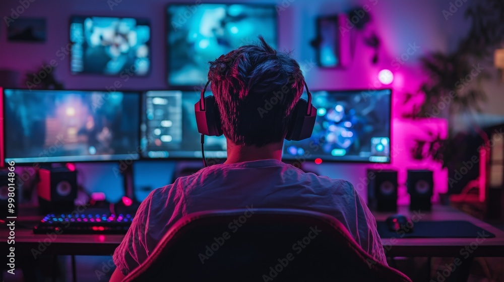Obraz premium Gamer live-streaming in a vibrant, futuristic setup surrounded by multiple screens displaying game stats and revenue figures