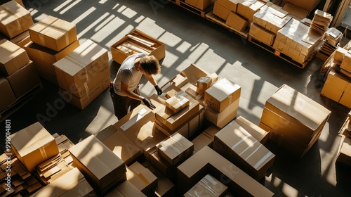 Gig worker assembling packages for delivery in a busy warehouse filled with boxes and packing materials under overhead lights