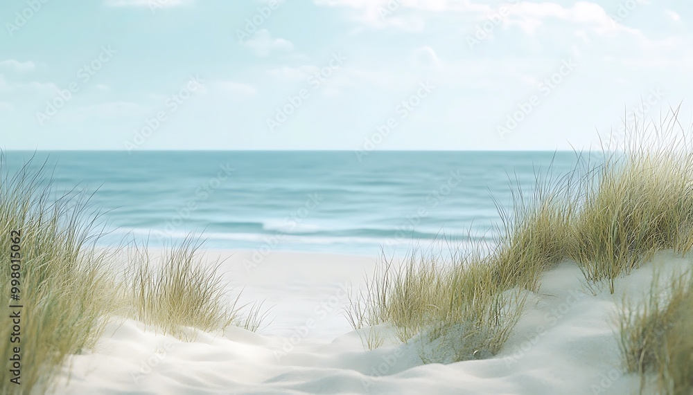 Calm Beach with Rolling Dunes and Ocean Meeting the Horizon under Summer Sky Calm Beach with Rolling Dunes and Ocean Meeting the Horizon under Summer Sky