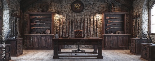 Home office with a medieval armory theme, featuring weapons displays, heavy wooden furniture, and stone wall accents Historic and imposing