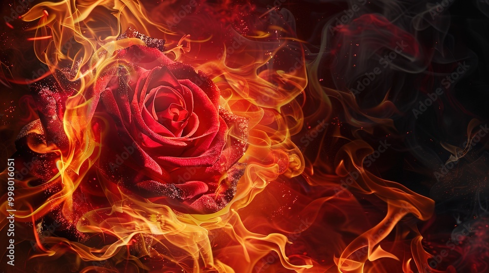 Red rose flower on fire dark background Red rose flower on fire dark background
