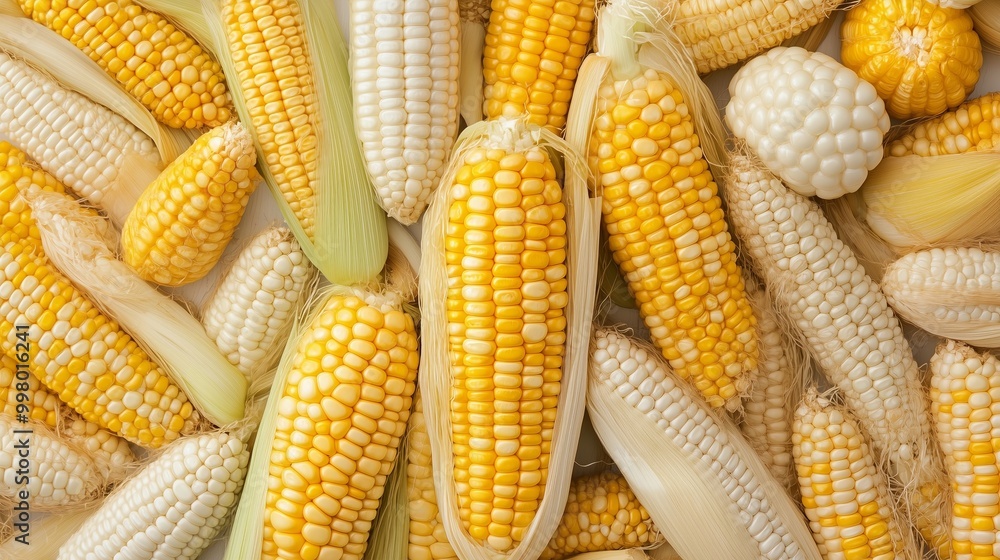 Closeup of yellow ripe corn, yellow field at sunset. Organic healthy food, copy space, raw maize grain or cereal, plant harvest. wallpaper, mockup, layout, banner. Closeup of yellow ripe corn, yellow field at sunset. Organic healthy food, copy space, raw maize grain or cereal, plant harvest. wallpaper, mockup, layout, banner.