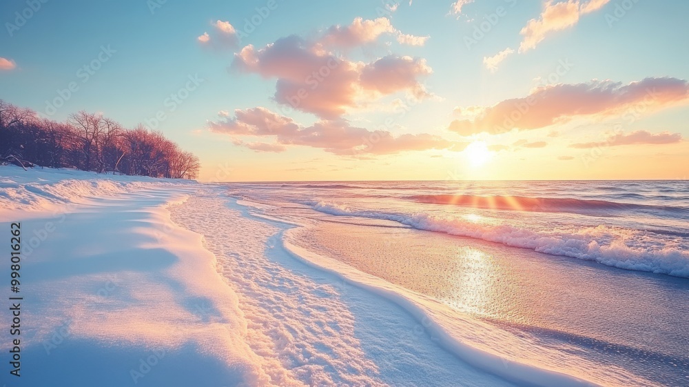 Fototapeta premium Serene beach at sunset with snow and waves, creating a tranquil winter scene.