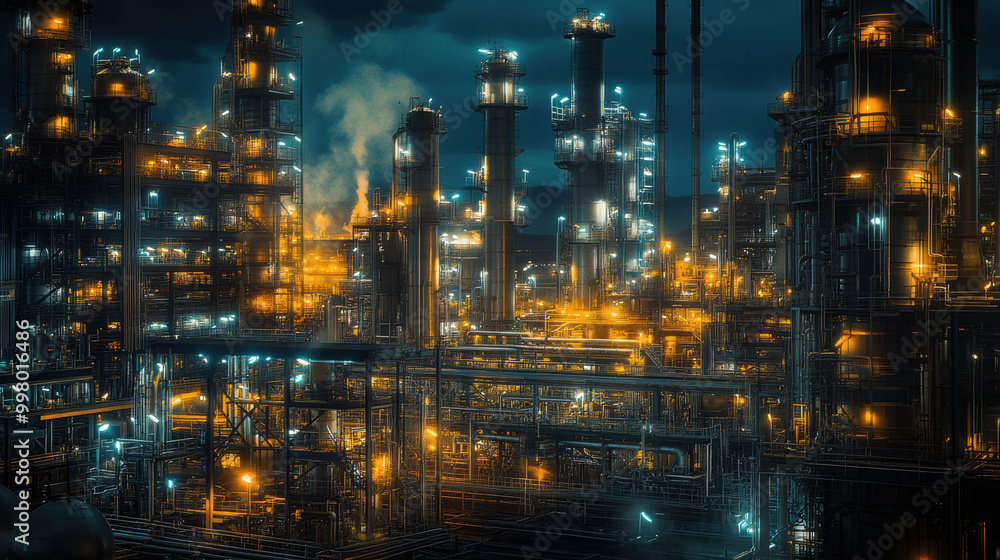 Naklejka premium vibrant industrial petrochemical facility illuminated at night, showcasing intricate pipelines and towering structures. scene conveys sense of energy and complexity in manufacturing process
