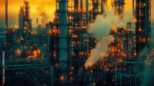 image showcases vibrant industrial petrochemical facility, with towering structures and billowing smoke against dramatic sunset. scene evokes sense of energy and complexity in manufacturing process