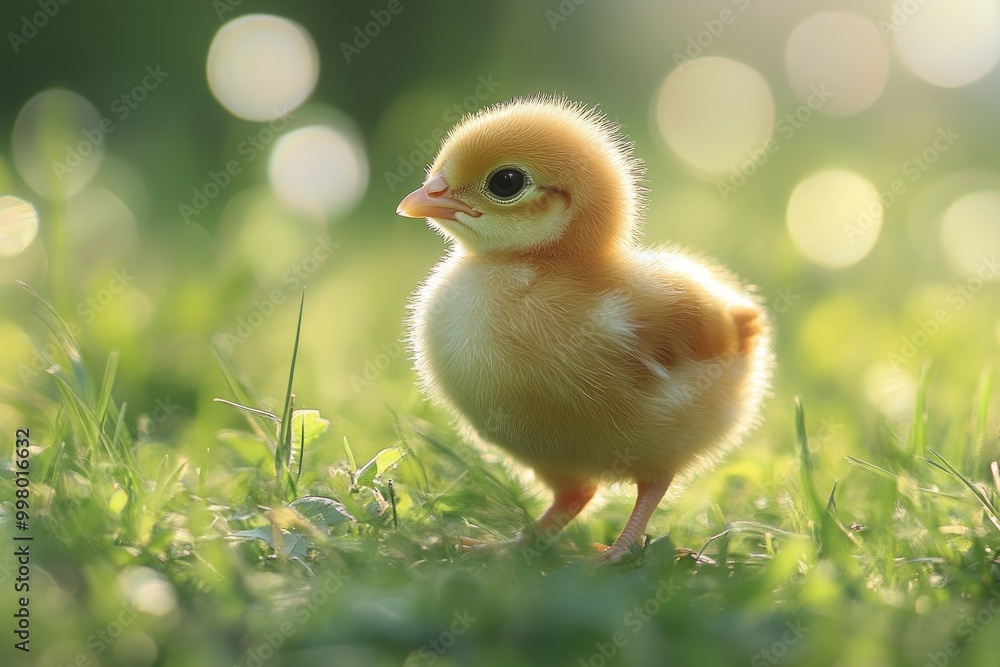 A fluffy yellow chick stands in the grass, with sun shining through the leaves. A fluffy yellow chick stands in the grass, with sun shining through the leaves.
