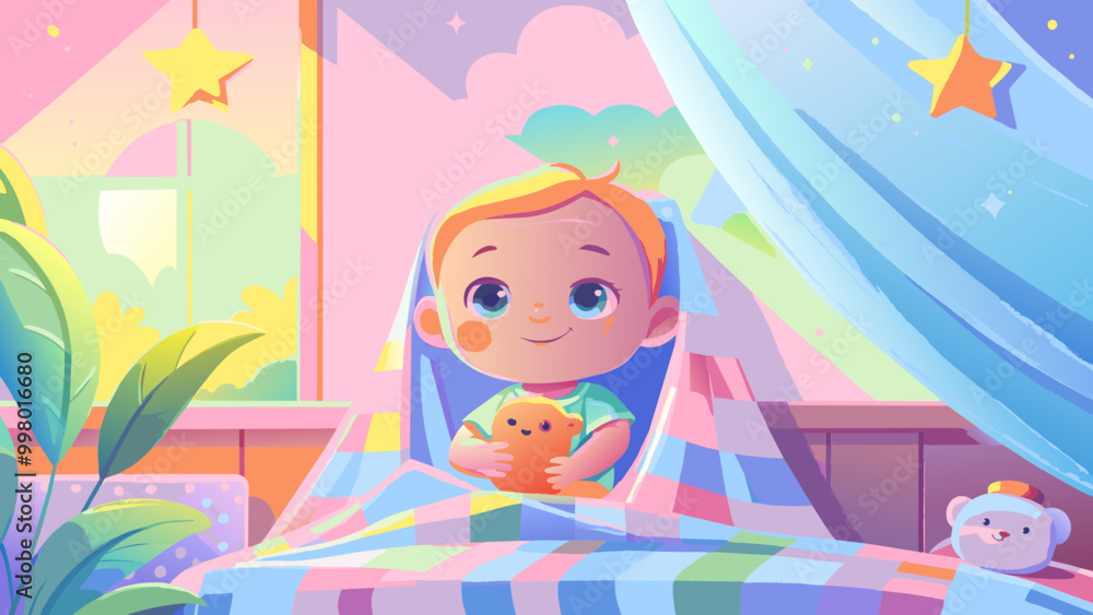 Cute Cartoon Child Snuggling with Plush Toy in Bedtime Setting Cute Cartoon Child Snuggling with Plush Toy in Bedtime Setting