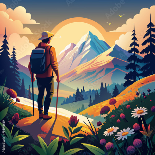 Solo Hiker Enjoying Sunset View in Mountainous Landscape