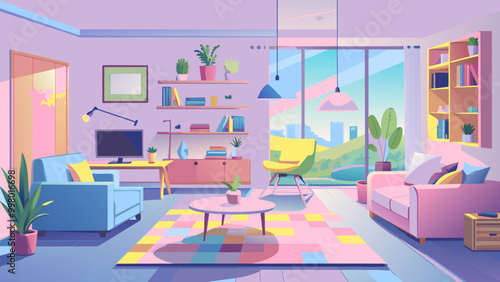 Colorful Contemporary Living Room Interior at Sunset