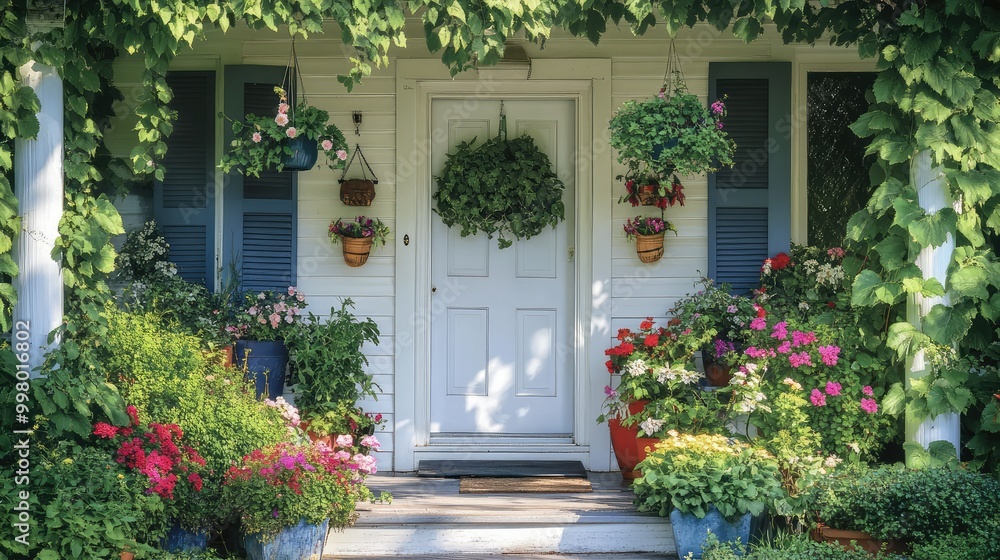A charming front door, framed by lush greenery and vibrant potted flowers, with wind chimes adding a touch of whimsy to the porch A charming front door, framed by lush greenery and vibrant potted flowers, with wind chimes adding a touch of whimsy to the porch