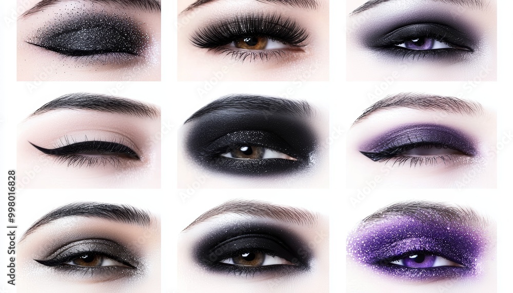 Collection of stunning eye makeup designs featuring various styles and colors on a white isolated background. Collection of stunning eye makeup designs featuring various styles and colors on a white isolated background.