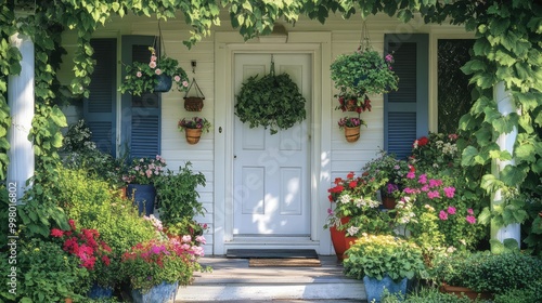 A charming front door, framed by lush greenery and vibrant potted flowers, with wind chimes adding a touch of whimsy to the porch