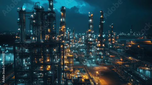 Wallpaper Mural stunning view of industrial petrochemical facility at night, showcasing towering structures illuminated by bright lights. scene captures complexity and scale of processing plant, evoking sense of awe Torontodigital.ca