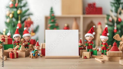 Santaa??s elves making toys in the workshop on a blank white canvas photo